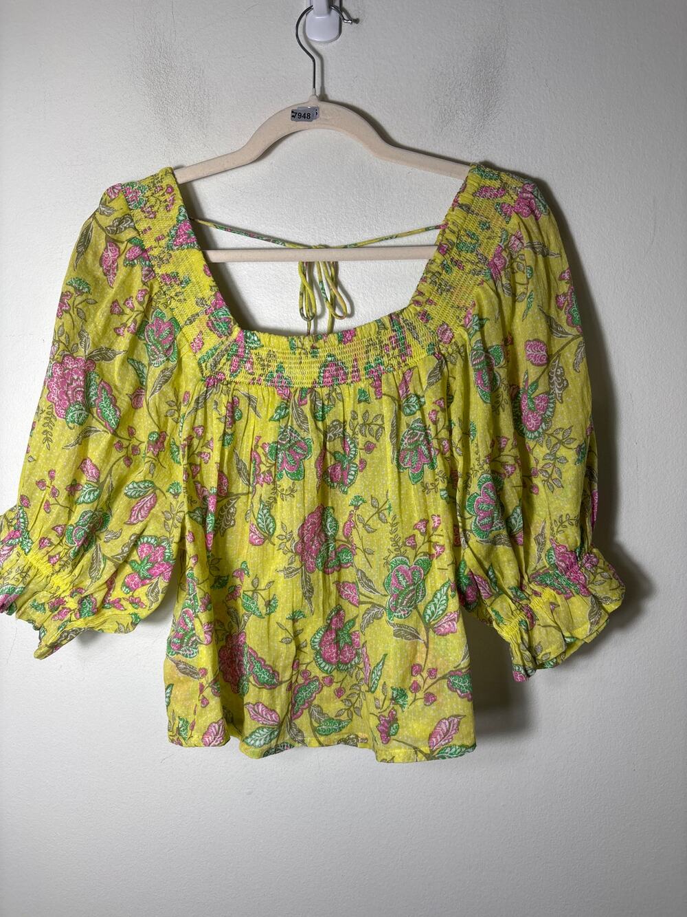 SUNDRY Yellow Pink Floral Puff Sleeve Cotton Top Sz 2